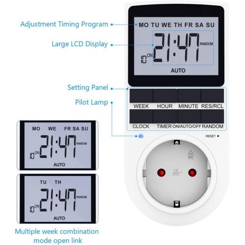  RATEL Digitale Elektronische Zeitschaltuhr Steckdose, 10 Programmierbarer Plug-In-Timer-Schalter mit Reset-Tool, LCD Display und Zufallsmodus fuer Beleuchtung, Luefter usw (2er Sets)