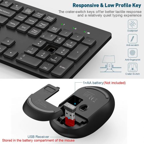  [아마존베스트]RATEL Wireless Keyboard Mouse Combo, 2.4GHz Slim Full-Sized Silent Wireless Keyboard and Mouse Combo with USB Nano Receiver for Laptop, PC (Black)