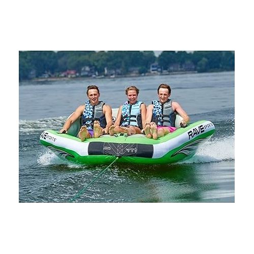  RAVE Sports 3 Person Inflatable Durable Nylon Wake Hawk Towable Boating Water Tube Raft with 6 Handles, Knuckle Guards, and 2 Air Chambers, Green