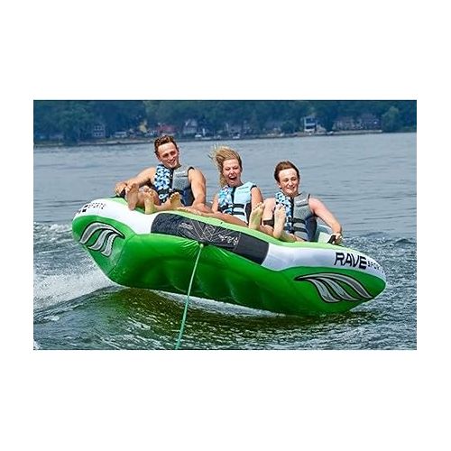  RAVE Sports 3 Person Inflatable Durable Nylon Wake Hawk Towable Boating Water Tube Raft with 6 Handles, Knuckle Guards, and 2 Air Chambers, Green