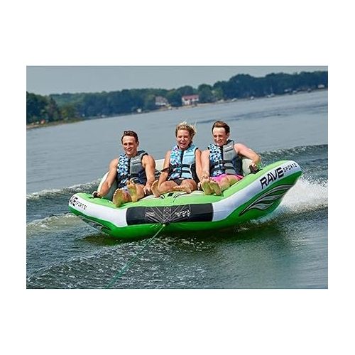  RAVE Sports 3 Person Inflatable Durable Nylon Wake Hawk Towable Boating Water Tube Raft with 6 Handles, Knuckle Guards, and 2 Air Chambers, Green