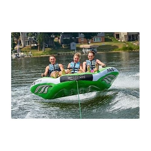  RAVE Sports 3 Person Inflatable Durable Nylon Wake Hawk Towable Boating Water Tube Raft with 6 Handles, Knuckle Guards, and 2 Air Chambers, Green