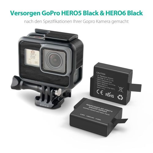  RAVPower GoPro Akku 2-Pack fuer Hero 5 / Hero 6 mit Ladegerat, zwei Steckplatze fuer Mikro-USB & Type-C, 100% Kompatibel mit dem Original