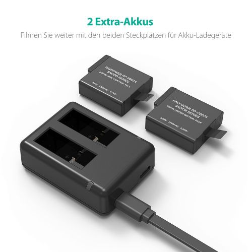  RAVPower GoPro Akku 2-Pack fuer Hero 5 / Hero 6 mit Ladegerat, zwei Steckplatze fuer Mikro-USB & Type-C, 100% Kompatibel mit dem Original