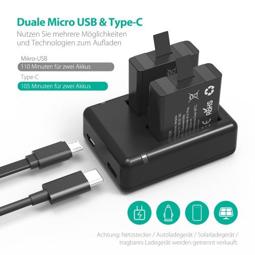  RAVPower GoPro Akku 2-Pack fuer Hero 5 / Hero 6 mit Ladegerat, zwei Steckplatze fuer Mikro-USB & Type-C, 100% Kompatibel mit dem Original