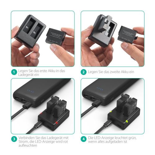  RAVPower GoPro Akku 2-Pack fuer Hero 5 / Hero 6 mit Ladegerat, zwei Steckplatze fuer Mikro-USB & Type-C, 100% Kompatibel mit dem Original