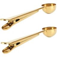 RAYNAG 2-in-1 Stainless Steel Coffee Scoop and Food Bag Chip Clip, 2 Pack Scoop Clips, Measuring Spoons, Brass Color