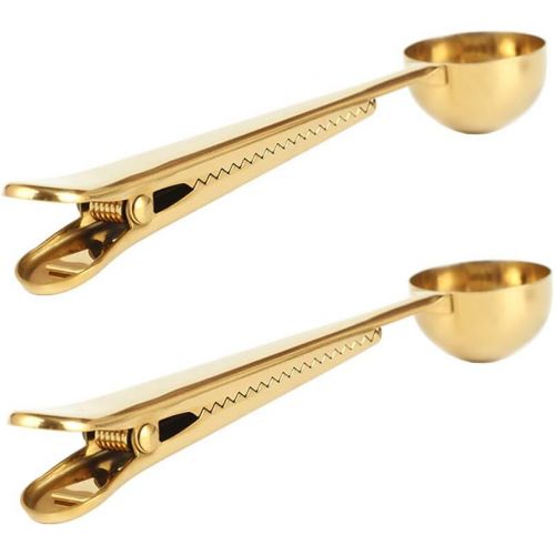  RAYNAG 2-in-1 Stainless Steel Coffee Scoop and Food Bag Chip Clip, 2 Pack Scoop Clips, Measuring Spoons, Brass Color