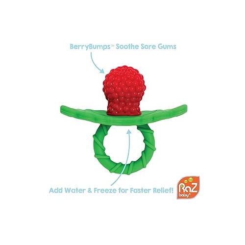  RaZbaby RaZberry Silicone Baby Teether Toy - Berrybumps Soothe Babies Sore Gums - Hands Free Design - BPA Free - Easy-to-Hold - Teething Relief Pacifier For Infant - Fruit Shape/Red