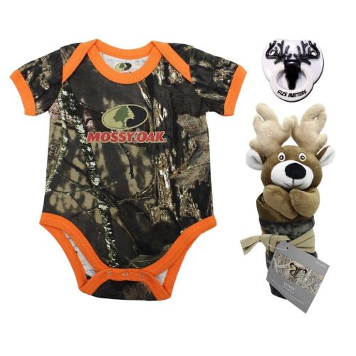  RBS Mossy Oak Camo Infant Bodysuit with True Timber Deer Camo Blankie and Billy Bob Size Matters Pacifier Gift Set