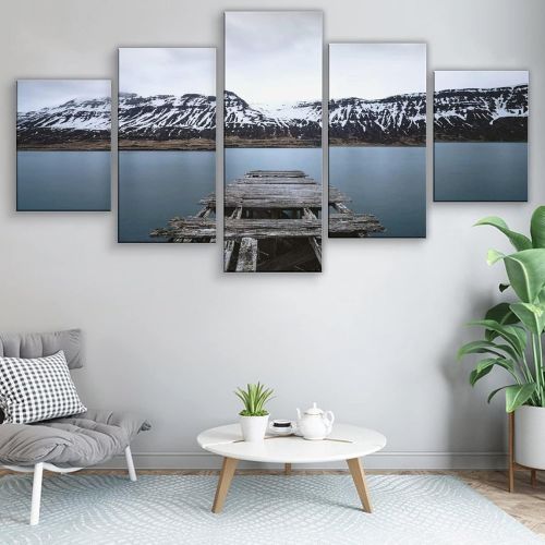  RBWE Snow Mountain Range, Pier, Wood Canvas Poster Bedroom Decor Sports Landscape Office Room Decor Gift Frame:60×32in（150×80cm）
