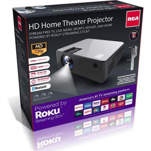  RCA RPJ133 Home Theater Projector - Portable Projector Compatible with with TV, PC, HDMI, USB, VGA - Powered by Roku Streaming Stick - Indoor/Outdoor Projector