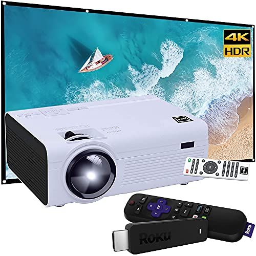  RCA RPJ136 LCD Home Theater Projector Up to 130 Screen Supports 1080p (480p Native) Bundle with Minolta 120 Home Theater Projector Screen + Roku Streaming Stick Portable Player