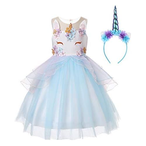  R-Cloud Girls Flower Unicorn Costume Pageant Princess Dress Up Cosplay Birthday Party Dress