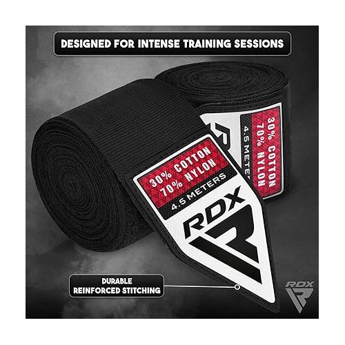  RDX Boxing Hand Wraps Inner Gloves, 180 Inch 4.5m Elasticated Thumb Loop Bandages, Mexican Style Under Mitts Wrist Wrap Protection Muay Thai MMA Kickboxing Martial Arts Punching Bag Training Men Women