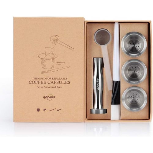  RECAPS Stainless Steel Refillable Filters Reusable Pods Compatible with Nespresso Original Line Machine BUT NOT ALL (3 Pods+120 Lids+1 Tamper)