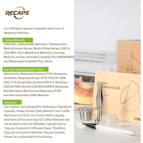  RECAPS Stainless Steel Refillable Filters Reusable Pods Compatible with Nespresso Original Line Machine But Not All (3 Pods+120 Lids+1 Tamper)