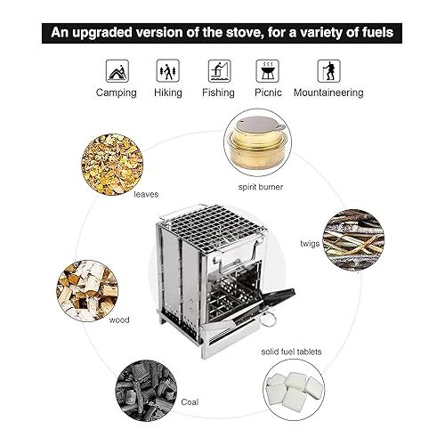  REDCAMP Wood Burning Camp Stove Folding Stainless Steel 304# Grill, Small Portable Backpacking Stove for Hiking Camping Picnic BBQ