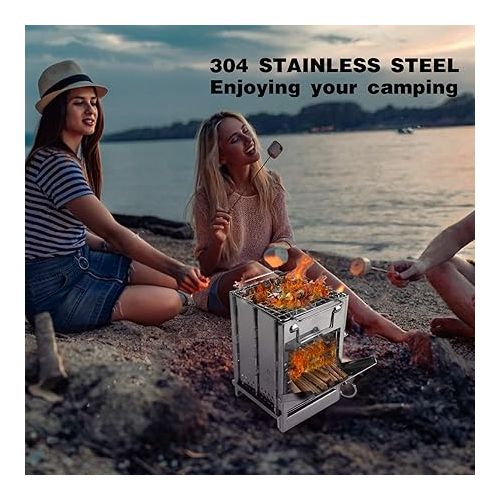  REDCAMP Wood Burning Camp Stove Folding Stainless Steel 304# Grill, Small Portable Backpacking Stove for Hiking Camping Picnic BBQ