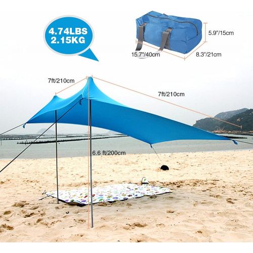  REDCAMP Beach Tent Sun Shelter, 7x7 FT Pop Up Beach Sunshade Canopy with 2 Aluminum Poles for Camping, Backyard, Fishing and Outdoors Blue