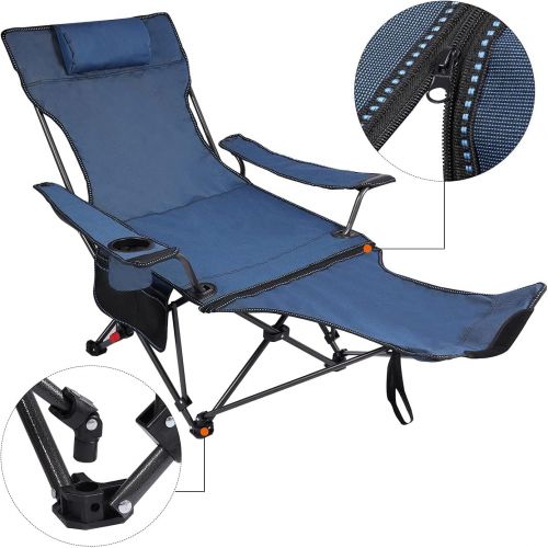  REDCAMP Camping Chair with Removable Footrest, Portable Folding Reclining Camp Chairs for Adults, Blue with Fabric Back