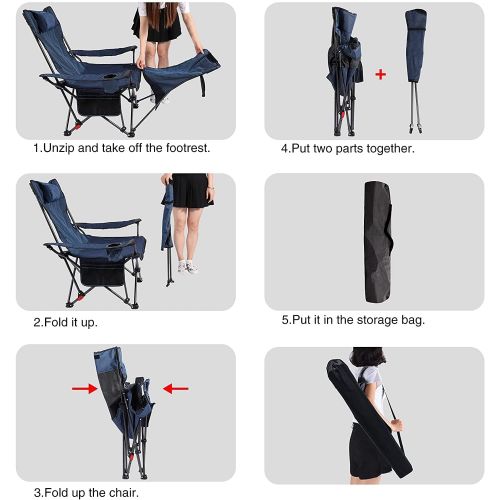  REDCAMP Camping Chair with Removable Footrest, Portable Folding Reclining Camp Chairs for Adults, Blue with Fabric Back