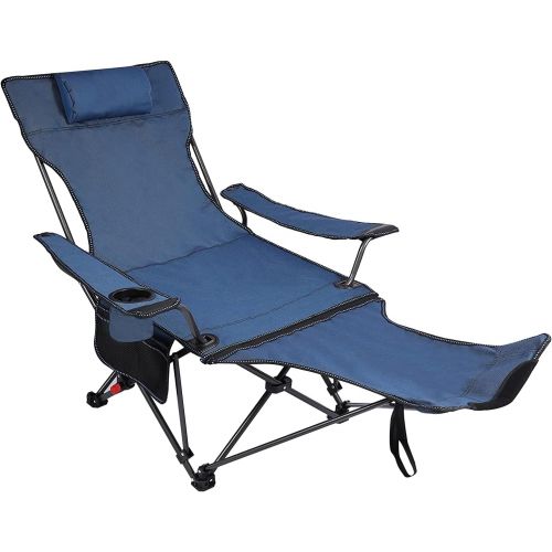  REDCAMP Camping Chair with Removable Footrest, Portable Folding Reclining Camp Chairs for Adults, Blue with Fabric Back