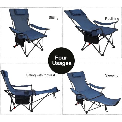  REDCAMP Camping Chair with Removable Footrest, Portable Folding Reclining Camp Chairs for Adults, Blue with Fabric Back