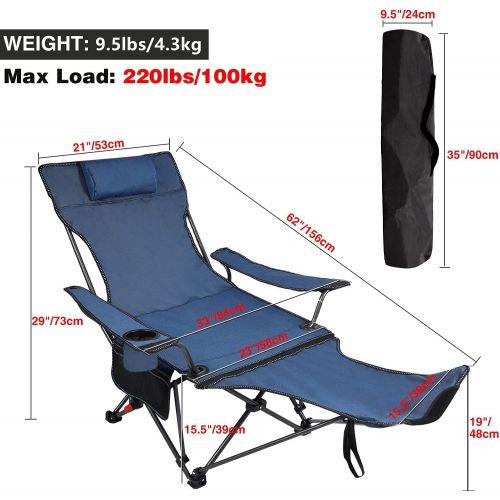  REDCAMP Camping Chair with Removable Footrest, Portable Folding Reclining Camp Chairs for Adults, Blue with Fabric Back