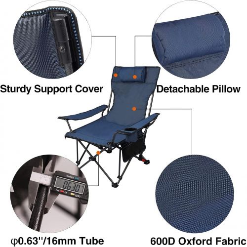  REDCAMP Camping Chair with Removable Footrest, Portable Folding Reclining Camp Chairs for Adults, Blue with Fabric Back