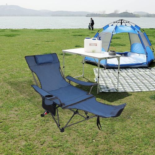  REDCAMP Camping Chair with Removable Footrest, Portable Folding Reclining Camp Chairs for Adults, Blue with Fabric Back