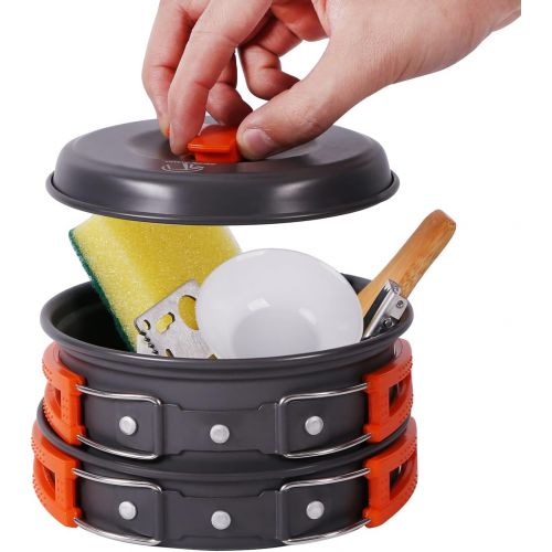  REDCAMP 11/12/22 PCS Camping Cookware Mess Kit, Backpacking Camping Pot+Pan Set, Lightweight and Compact Cookware for Hiking, Black/Orange