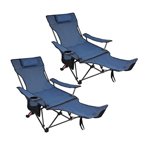  REDCAMP Camping Chair with Removable Footrest 2 Pack, Portable Folding Reclining Camp Chairs for Adults, Blue with Fabric Back