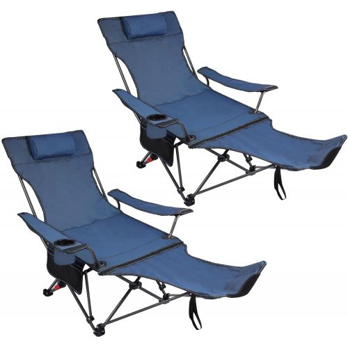  REDCAMP Camping Chair with Removable Footrest 2 Pack, Portable Folding Reclining Camp Chairs for Adults, Blue with Fabric Back