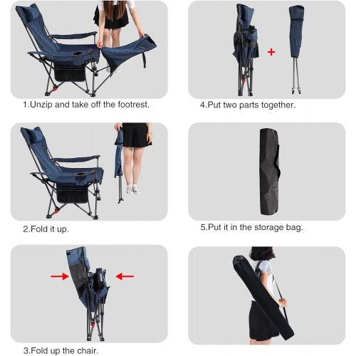  REDCAMP Camping Chair with Removable Footrest 2 Pack, Portable Folding Reclining Camp Chairs for Adults, Blue with Fabric Back