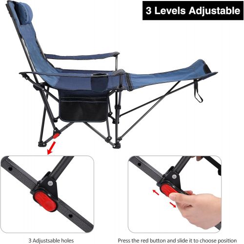  REDCAMP Camping Chair with Removable Footrest 2 Pack, Portable Folding Reclining Camp Chairs for Adults, Blue with Fabric Back