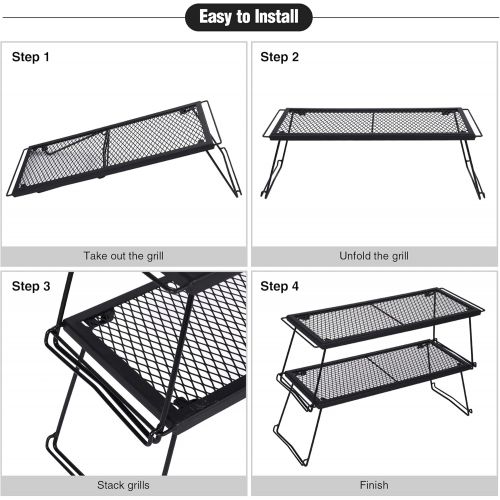 REDCAMP Folding Campfire Grill Stackable Storage Rack, Heavy Duty Iron Camping Grill Grate with Carrying Bag