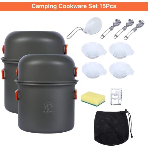  REDCAMP 15 PCS Camping Cookware Set Mess Kit, Lightweight & Compact Backpacking Cooking Set for 2-3 Persons, Anodized Aluminum Camping Pots and Pans Set