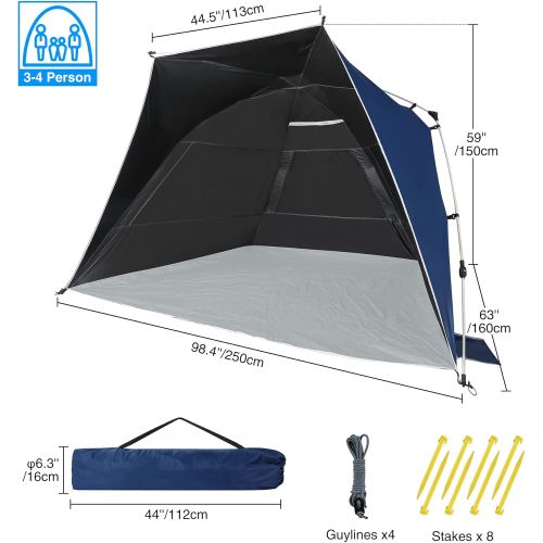  REDCAMP Large Beach Tent pop up Shade for 4-6 Person, UPF50+ Portable XL Beach Sun shelter with Carry Bag, Blue