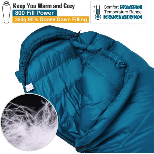  REDCAMP Mummy Goose Down Sleeping Bag Ultralight for Backpacking, 59 Degree F 800 Fill 3 Season Sleeping Bag for Camping Hiking, Cyan