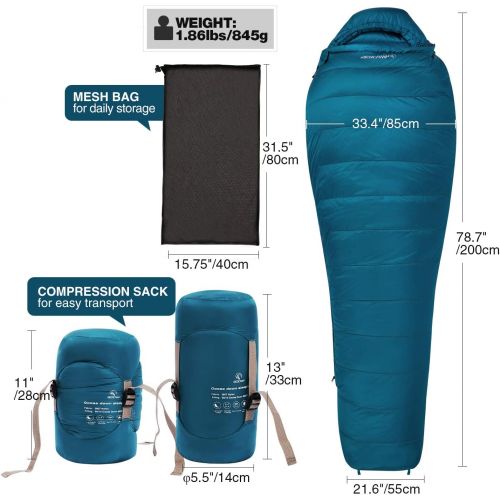  REDCAMP Mummy Goose Down Sleeping Bag Ultralight for Backpacking, 59 Degree F 800 Fill 3 Season Sleeping Bag for Camping Hiking, Cyan