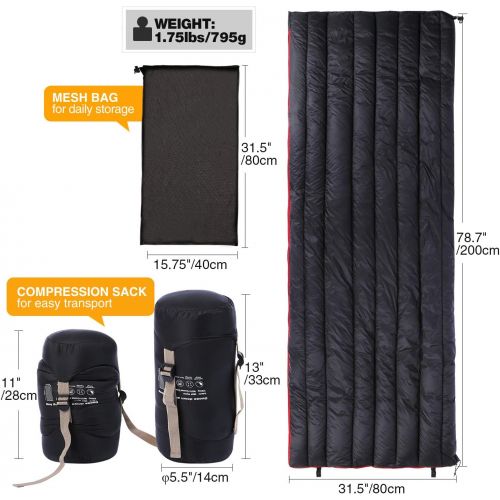  REDCAMP Ultralight Down Sleeping Bag for Backpacking, 78.7x31.5” Envelope 59 Degree F 800 Fill Goose Down Underquilt Great for Adults Camping Hiking, Black