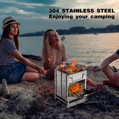  REDCAMP Wood Burning Camp Stove Folding Stainless Steel 304# Grill, Small/Large Portable Backpacking Stove with Pot Stand for Hiking Camping Picnic BBQ