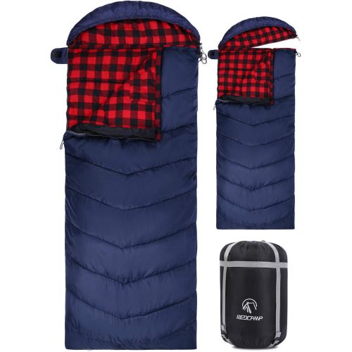  REDCAMP Flannel Sleeping Bag for Adults, Comfortable Cotton Sleeping Bags for Camping with Detachable Hood, Red/Grey/Blue