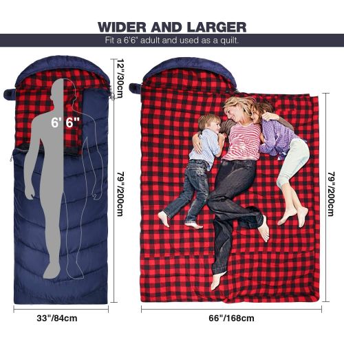  REDCAMP Flannel Sleeping Bag for Adults, Comfortable Cotton Sleeping Bags for Camping with Detachable Hood, Red/Grey/Blue