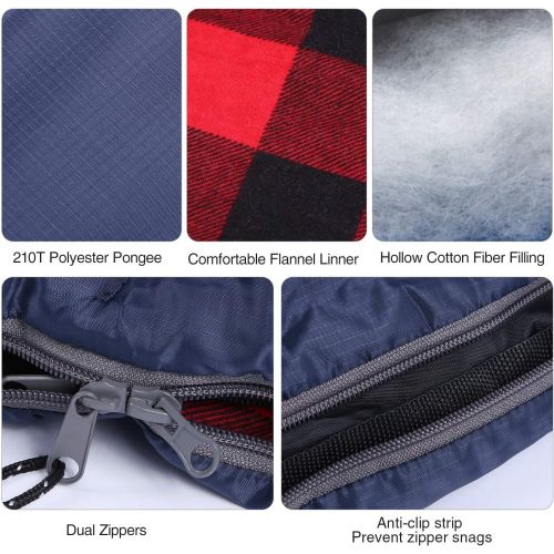  REDCAMP Flannel Sleeping Bag for Adults, Comfortable Cotton Sleeping Bags for Camping with Detachable Hood, Red/Grey/Blue