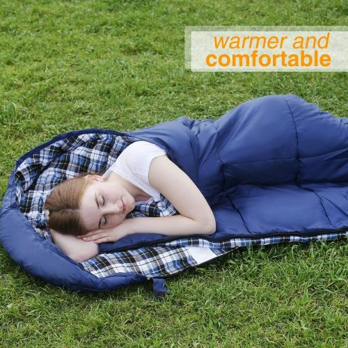  REDCAMP Flannel Sleeping Bag for Adults, Comfortable Cotton Sleeping Bags for Camping with Detachable Hood, Red/Grey/Blue