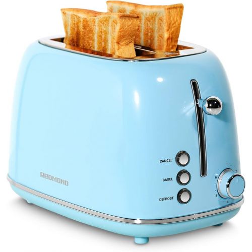  REDMOND 2 Slice Toaster Retro Stainless Steel Toaster with Bagel, Cancel, Defrost Function and 6 Bread Shade Settings Bread Toaster, Extra Wide Slot and Removable Crumb Tray, Blue,