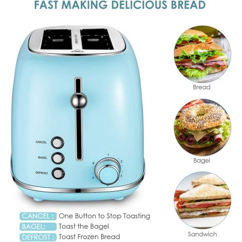  REDMOND 2 Slice Toaster Retro Stainless Steel Toaster with Bagel, Cancel, Defrost Function and 6 Bread Shade Settings Bread Toaster, Extra Wide Slot and Removable Crumb Tray, Blue,