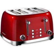 REDMOND 4 Slice Toaster Retro Stainless Steel Toasters with Bagel Defrost Cancel Function, 6 Browning Settings, Red, ST033